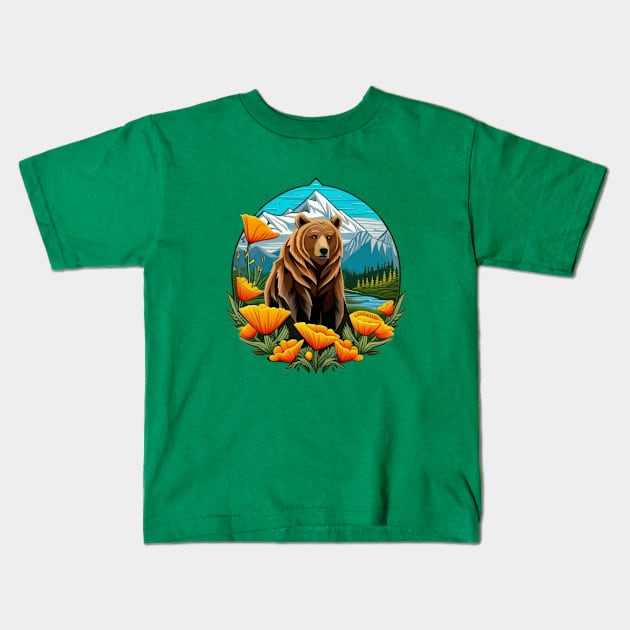 Bear In Mountain Landscape Surrounded By Orange California Poppies Kids T-Shirt by taiche